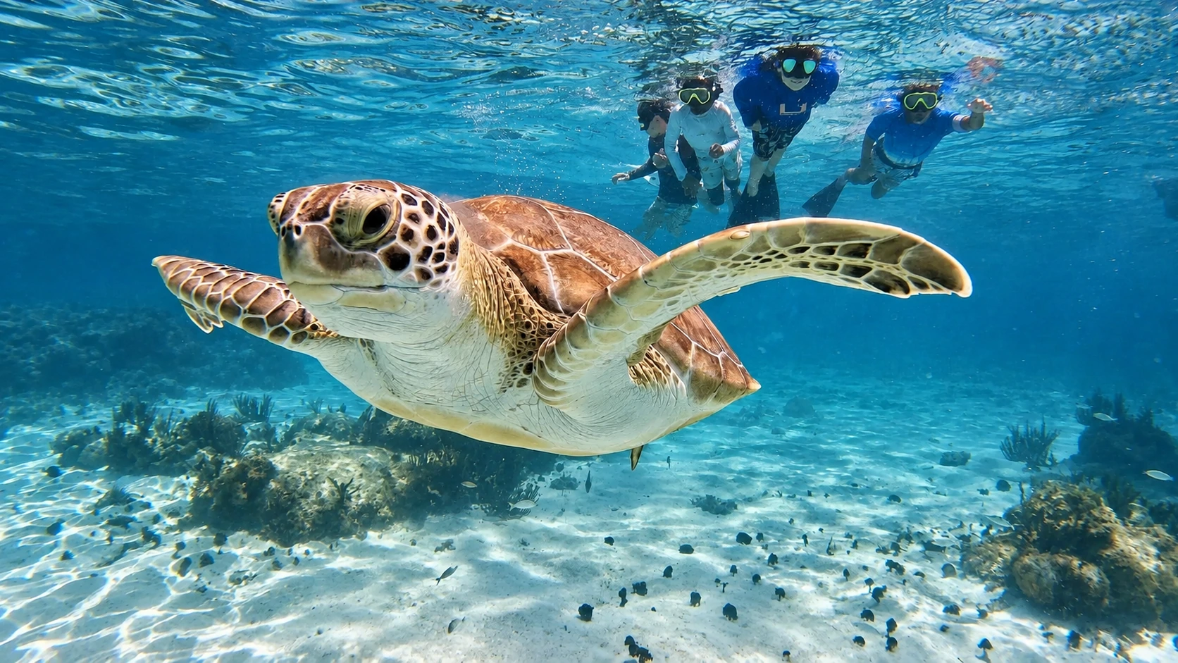 A sea turtle swimming in clear Grand Cayman water with snorkelers behind it